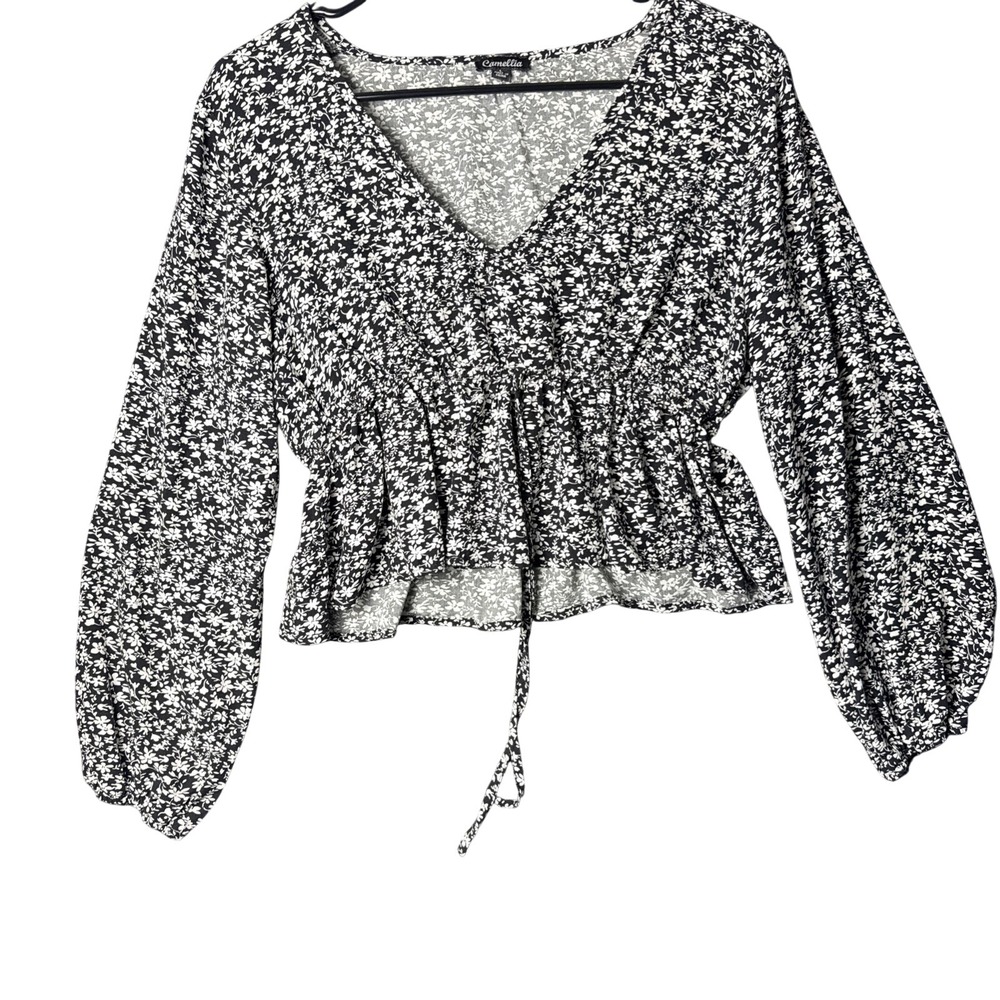 WOMENS LARGE BLACK FLORAL TOP LONG SLEEVE COQUETTE BOHO COTTAGE BABYDOLL‎